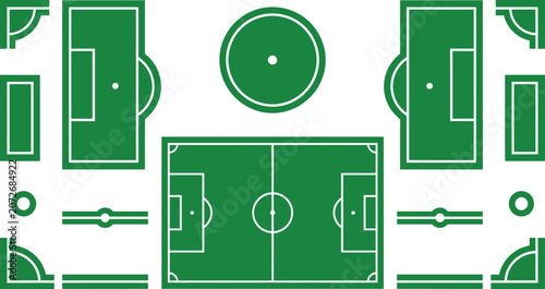 Illustration of Green soccer field and stadium template pieces.