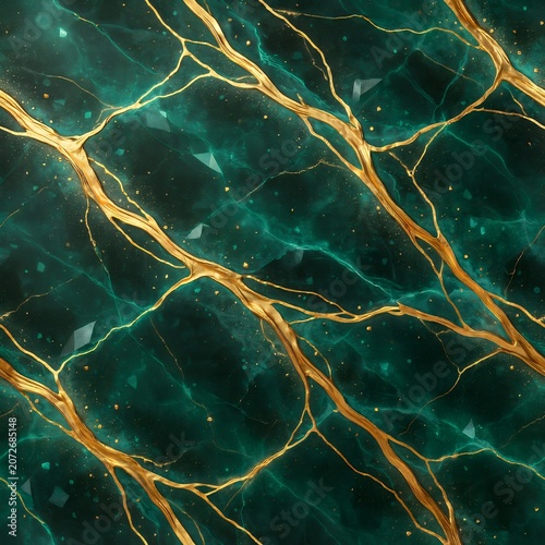 Seamless pattern featuring deep emerald green marble texture with intricate flowing veins of liquid gold and scattered tiny shimmering particles