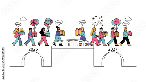 Foto Bridging the Year-End: Diverse individuals carry gifts across a bridge, transitioning from 2026 to 2027, symbolizing the passage of time and the spirit of giving