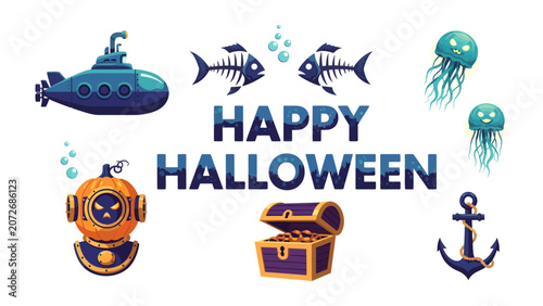 Fotografie Oceanic Halloween Delight: A whimsical collection of underwater elements, including a submarine, a diving helmet with a spooky pumpkin face, fish skeletons, jellyfish, a treasure chest, and an anchor