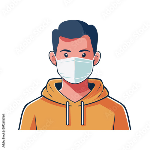 Man in orange hoodie wearing surgical mask, flat vector illustration