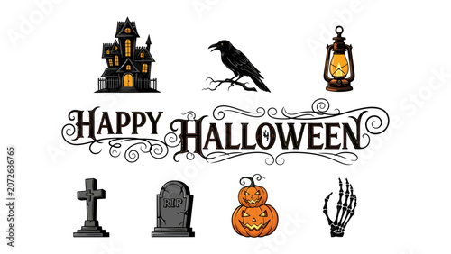 Photos Halloween Collection: A festive compilation of iconic Halloween imagery, featuring a haunted house, a watchful crow, a vintage lantern, a cross, a tombstone, a carved pumpkin, and a skeletal hand