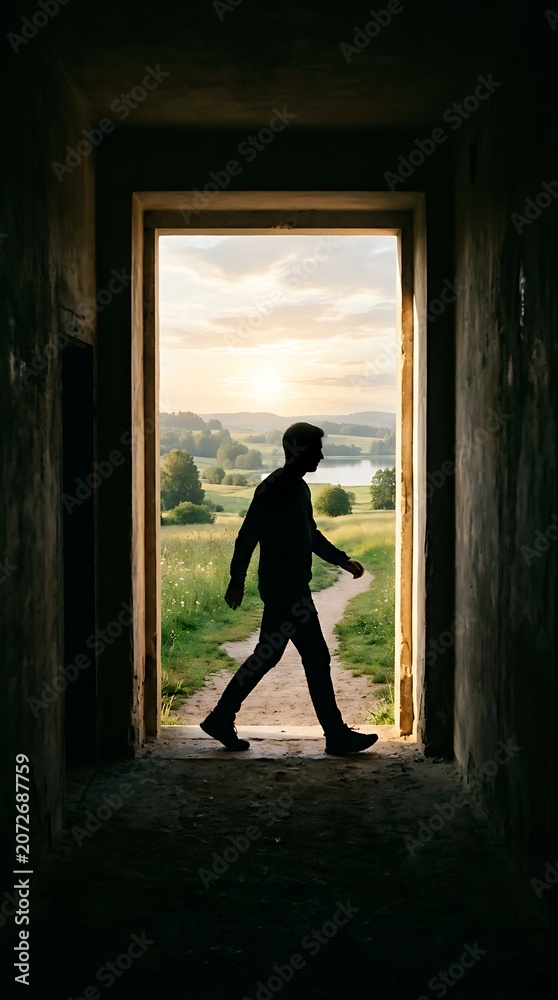 Fototapeta premium Man silhouette walking through dark stone doorway towards bright green summer landscape