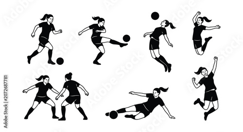 Photos Female soccer players in action black silhouette on white background
