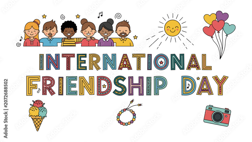 Fototapeta premium International Friendship Day Celebration: A vibrant and colorful illustration for International Friendship Day, featuring diverse people arm in arm, a smiling sun, balloons, an ice cream cone.