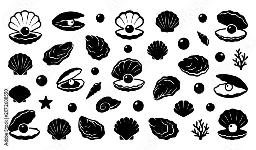 Фотография Pearl oyster shell icons isolated set with open seashell pearl and marine luxury