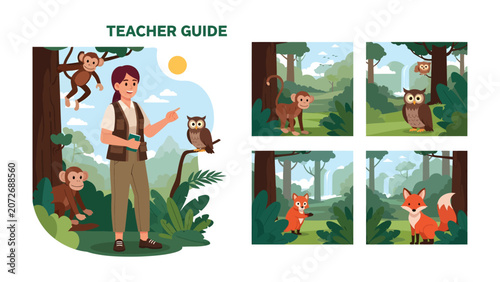 Photography Jungle Expedition Guide: A friendly educator points towards a wise owl perched on a branch, with playful monkeys swinging nearby