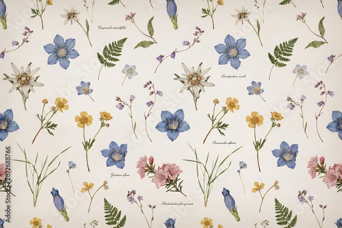 Seamless pattern of pressed dried wildflowers, ferns, and botanical specimens with handwritten latin names on a light vintage paper texture