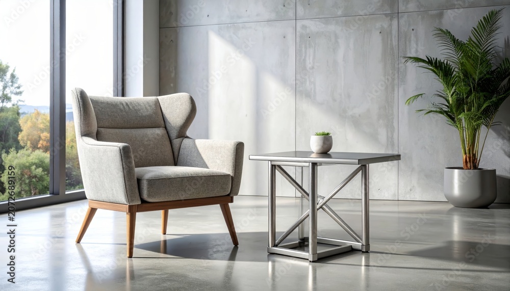 Fototapeta premium Modern Luxury Living Room Interior with Wooden Chair Elegant Furniture Design Natural Light and Contemporary Home Decor Style