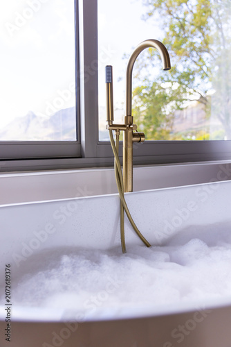 Brushed-gold bathtub faucet with hand sprayer is resting on foamy tub rim by window, mountain view