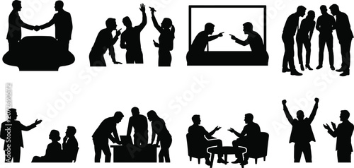 Bild auf Leinwand Set of professional business people silhouettes engaged in teamwork meetings neg