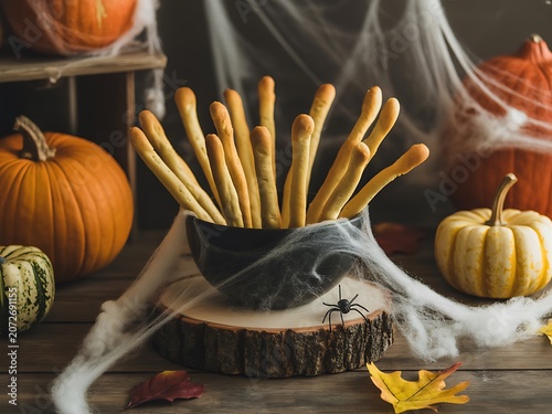 Halloween Breadsticks in Cobweb Covered Bowl on Wooden Stump