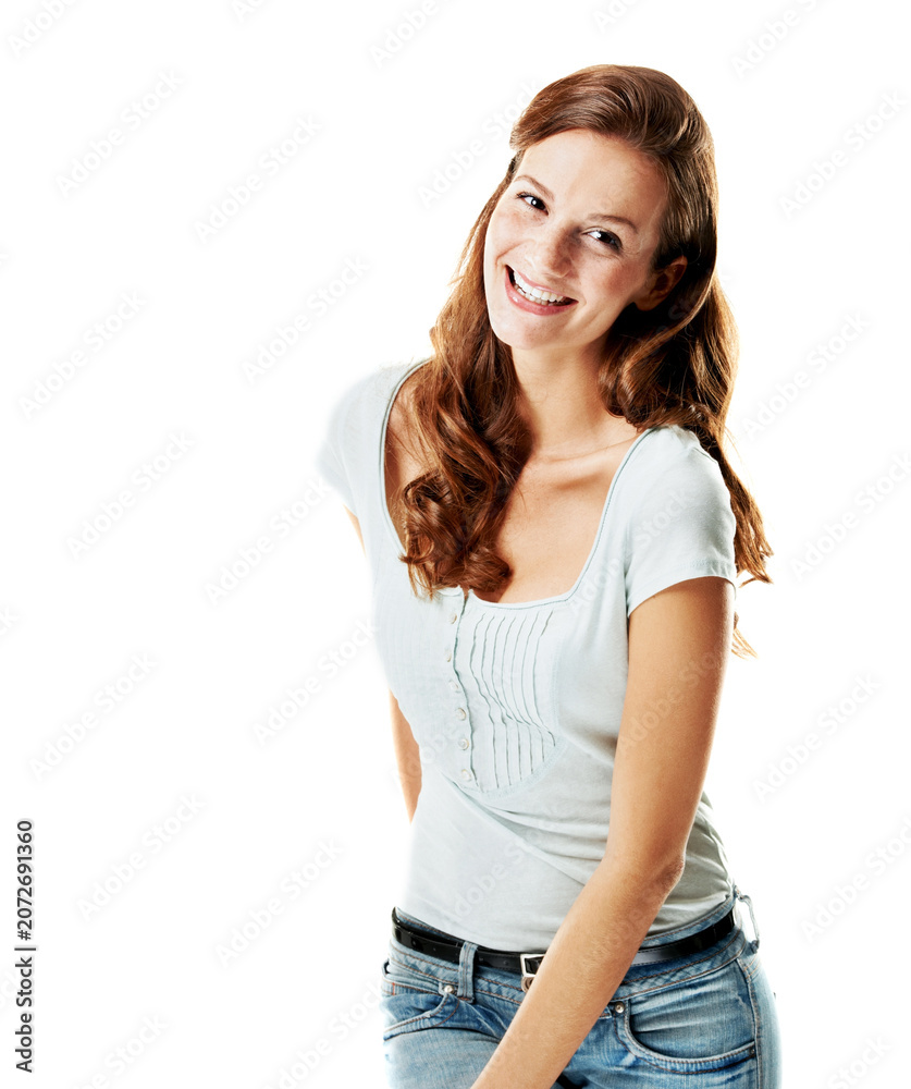 Obraz premium Portrait, woman and smile in studio with confidence, positive attitude and optimistic for wellness. Happy, female person and good mood with satisfaction, stress free and space on white background.