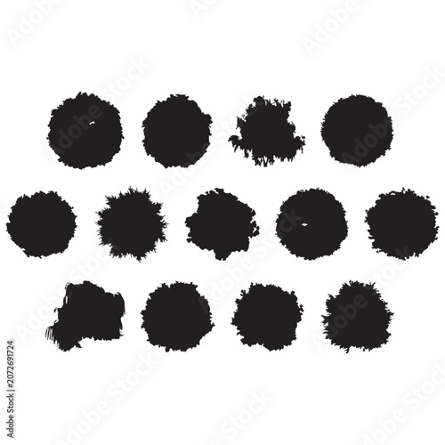 Tableau sur toile Set of fifteen black irregular round inkblot shapes on a transparent background for design
