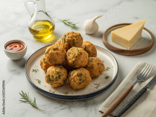 Meatballs on Plate with Cheese and Herbs on Marble Table