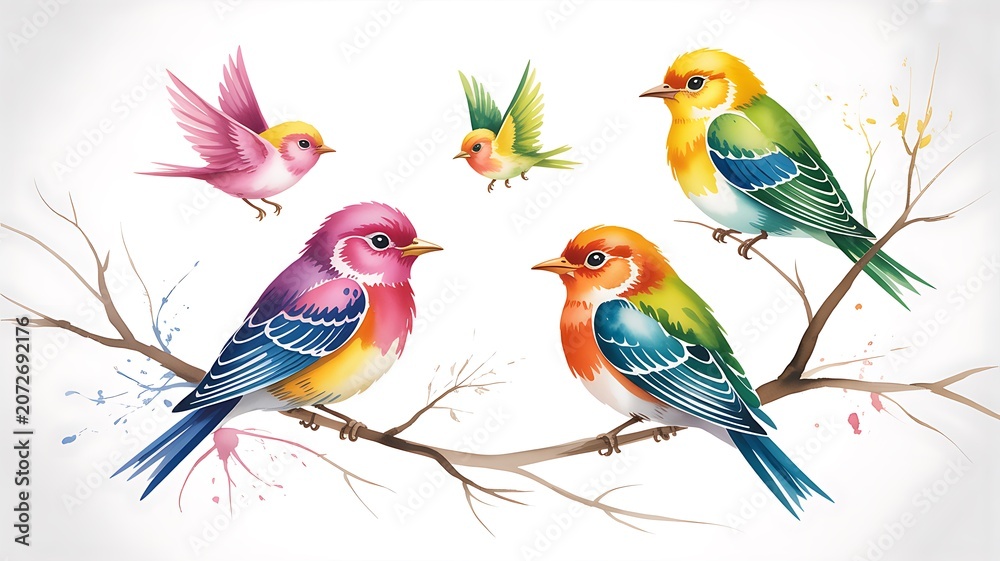 Fototapeta premium Group of cheerful exotic birds sitting on branches and flying with colorful watercolor flourishes