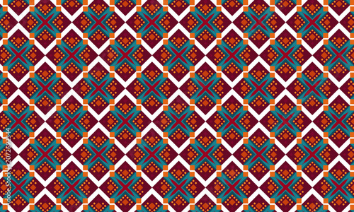 Ethnic Geometric Diamond Seamless Pattern in Maroon Orange Teal Vector Repeat