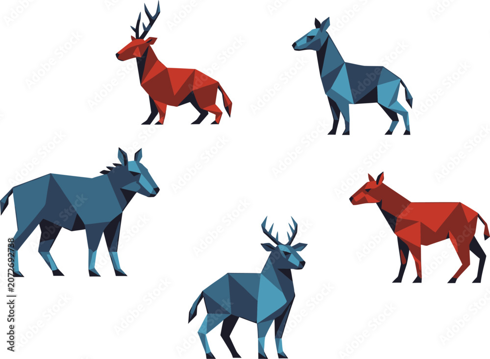 Fototapeta premium Geometric Deer and Horse Silhouettes in Red Blue Colors