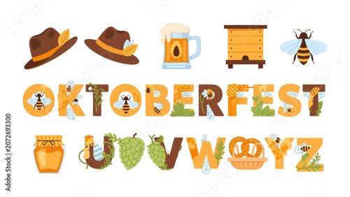 Fotografie Oktoberfest Alphabet Celebration: A vibrant collection of whimsical letters spelling out OKTOBERFEST, adorned with festive Bavarian hats, frothy beer mugs, beehives, buzzing bees, sweet honey jars