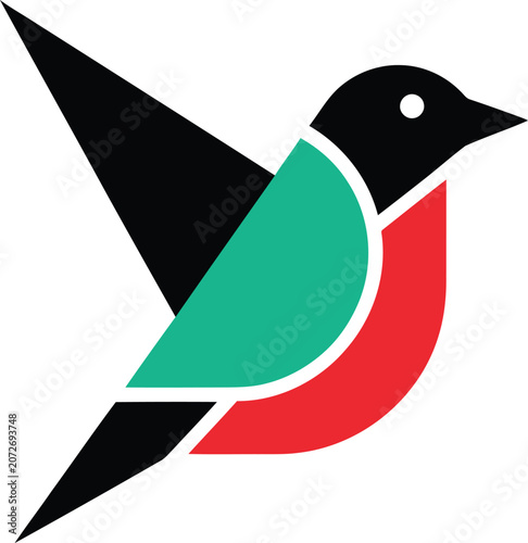 Geometric Bird in Flight with Black Head Green Wing and Red Chest