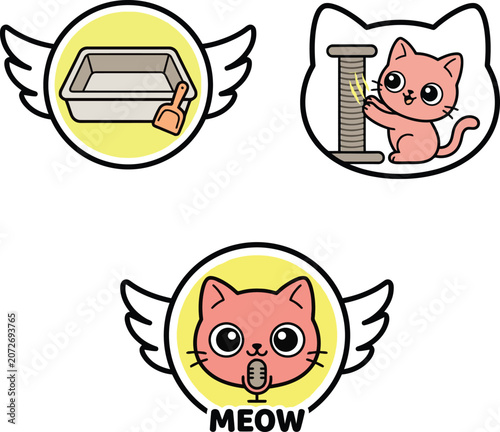 Cat achievement badges flat design features a cat with wings and prizes