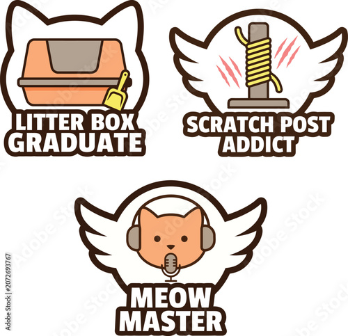 Cat icons showcase litter box graduate, scratch post addict, and meow master