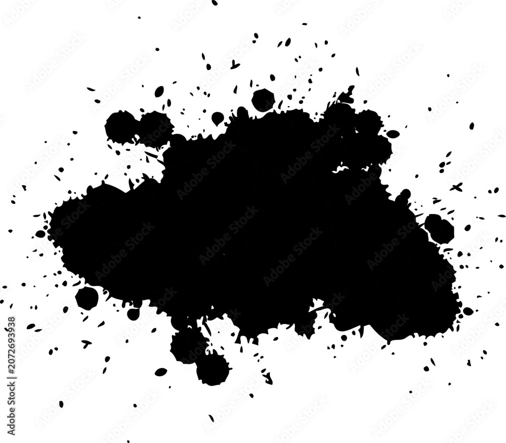 Fototapeta premium Abstract black ink splatters and paint drops scattered artistically on a clean white background for various creative graphic design 