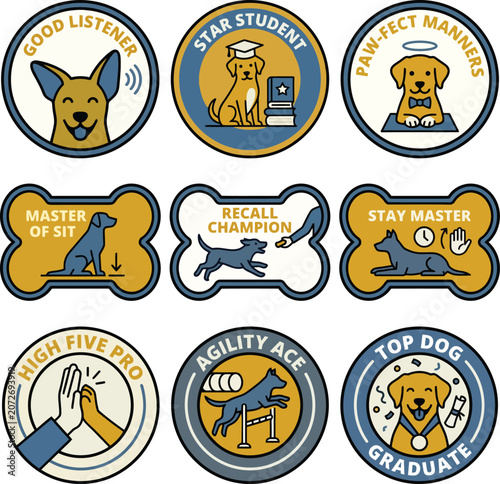 A collection of dog badges featuring various achievement awards for good behavior and training.