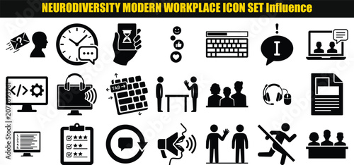 Workplace communication and technology pictograms representing modern neurodiversity and influence collaboration productivity meeting keyboard monitor headset speech bubble code settings