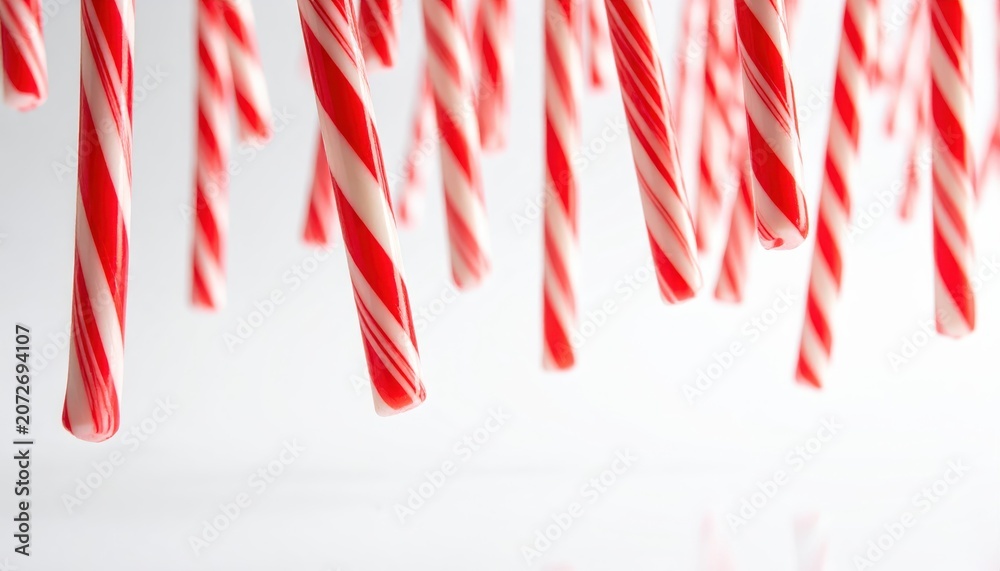 Fototapeta premium Festive Red and White Candy Canes Hanging Against a Clean White Background for Holiday and Christmas Themes