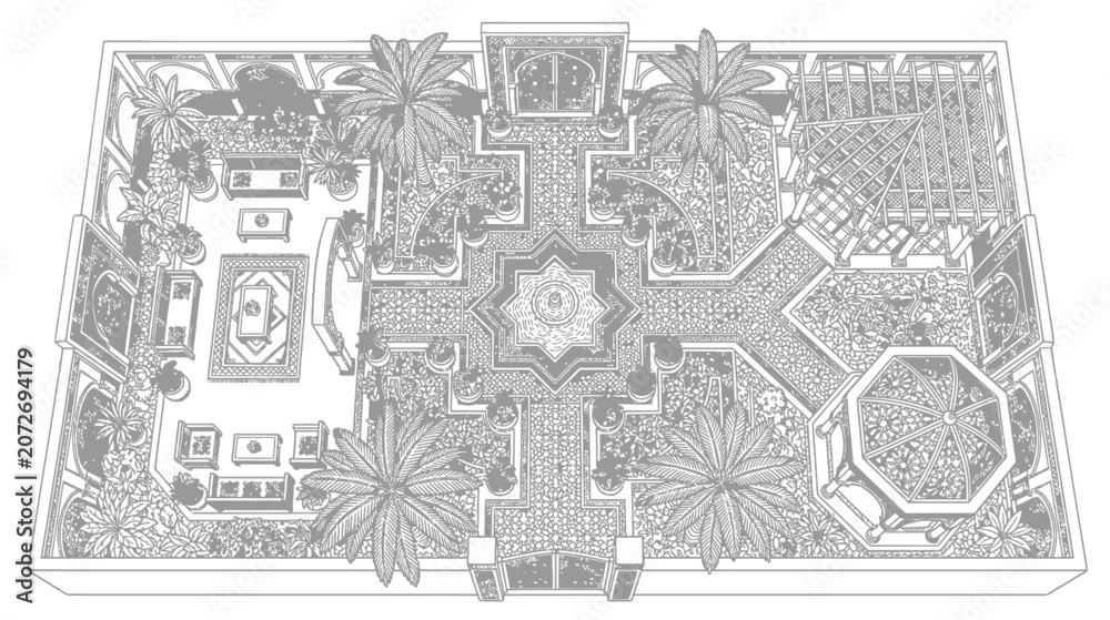 Fototapeta premium Top view architectural floor plan of a luxury courtyard garden with fountain and seating area vector illustration