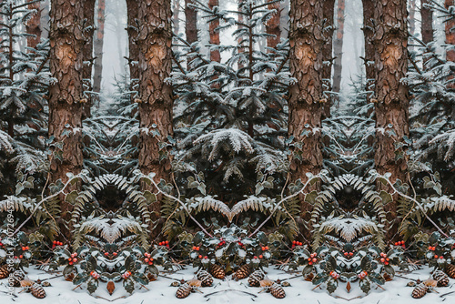 Symmetrical winter forest background, featuring tall pine, tree trunks, snow, covered branches, holly, berries, and pine, cones on the, ground surface