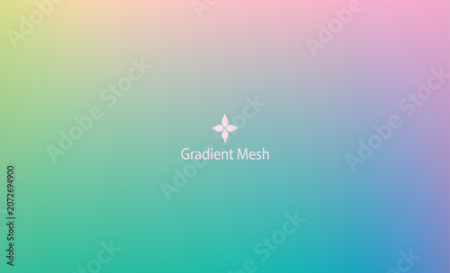 Vibrant rainbow gradient mesh background, with a delicate, floral emblem