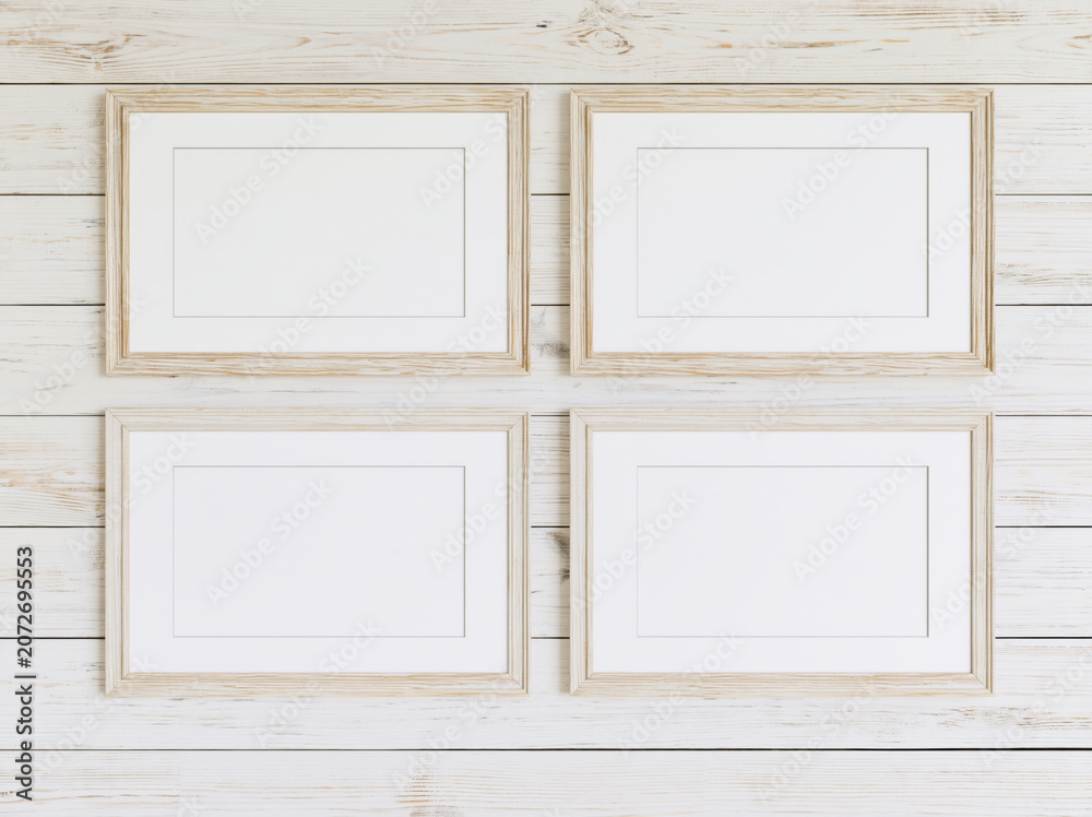 Fototapeta premium Blank picture frame four frame horizontal frame white wall wood background rustic style empty frame mockup frame gallery wall interior decor beige frame minimal design copy space poster frame