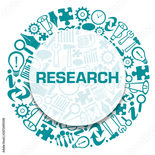 Research Business Symbols Turquoise Teal Circular Badge Style Text 