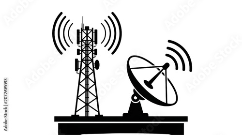 Quadro em tela Telecommunication Tower and Satellite Dish on Building Silhouette Transmitting R