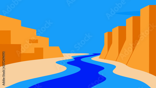Tableau sur toile Desert canyon, river landscape, blue water, orange cliffs, vector illustration