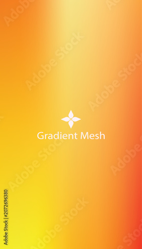 Vibrant yellow and orange gradient mesh with subtle floral emblem and text