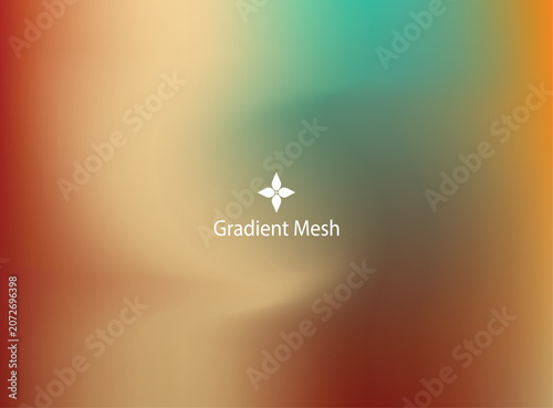 Warm earthy gradient mesh with red, orange, and green tones and emblem