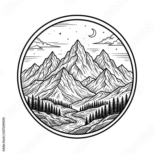 Mountain landscape illustration, peaks, river, forest, crescent moon, stars, vintage style