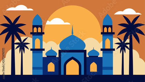 Fotografie Islamic architecture, mosque, palm trees, sunset, vector illustration, blue and
