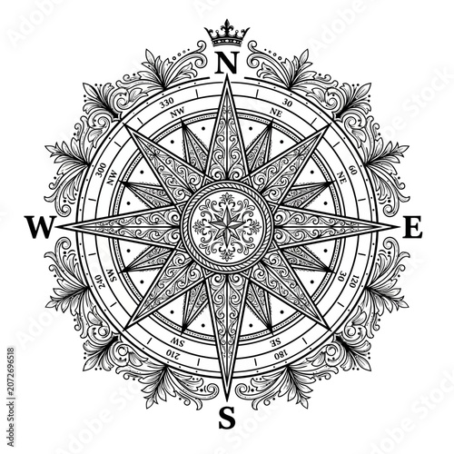 Ornate compass rose, vintage design with flowing scrolls and decorative elements