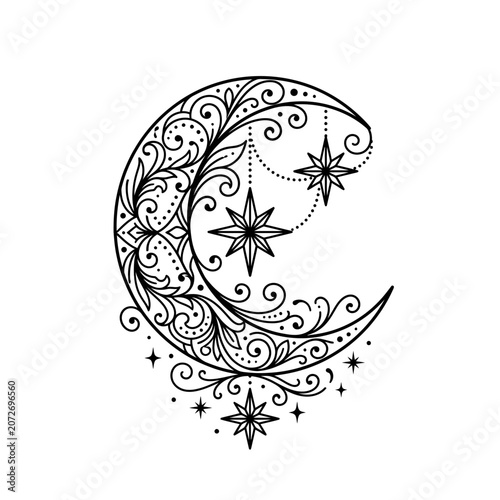 Ornate crescent moon with decorative stars, celestial graphic art