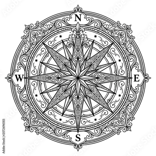 Ornate Compass Rose Illustration: Vintage Navigation Tool with Decorative Details