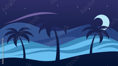 Obraz na płótnie Nighttime beach scene, tropical landscape, palm trees, moonlit ocean waves, dark