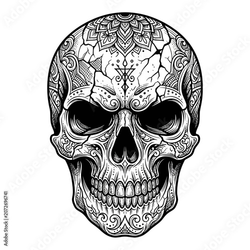 Ornate Skull Illustration with mandala and geometric patterns
