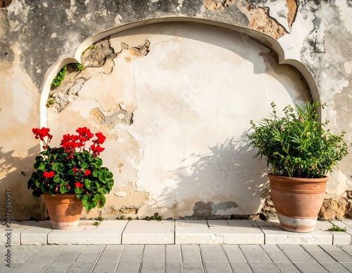 Two potted plants in front of an aged wall, with a decorative alcove