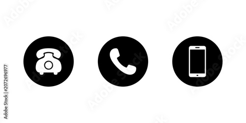 Telephone icon set with landline phone, handset, and smartphone symbol in black circle