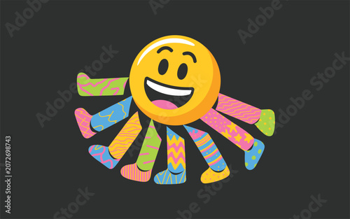 Smiling Yellow Emoji with Colorful Legs on Black Background