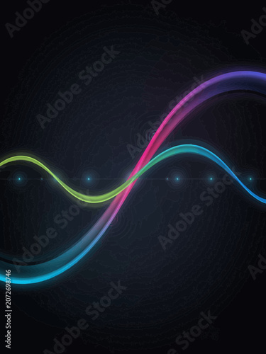 Neon Multicolor Wavy Lines on Dark Background with Glowing Dots